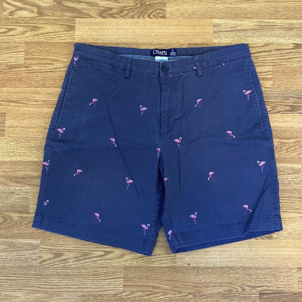 Navy Blue Chaps Khaki Style Pink Flamingo Stretch Shorts Sz. 36
